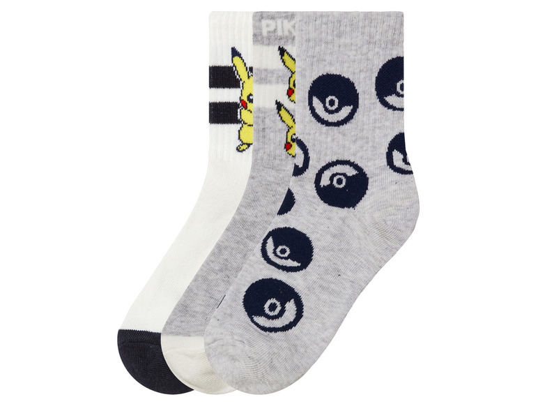 Dětské ponožky, 3 páry (31/34, Pokémon / bílá / šedá / navy modrá )