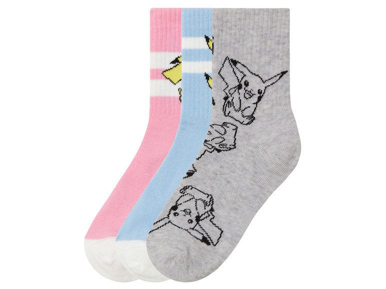 Dětské ponožky, 3 páry (31/34, Pokémon/růžová/šedá/fialová)